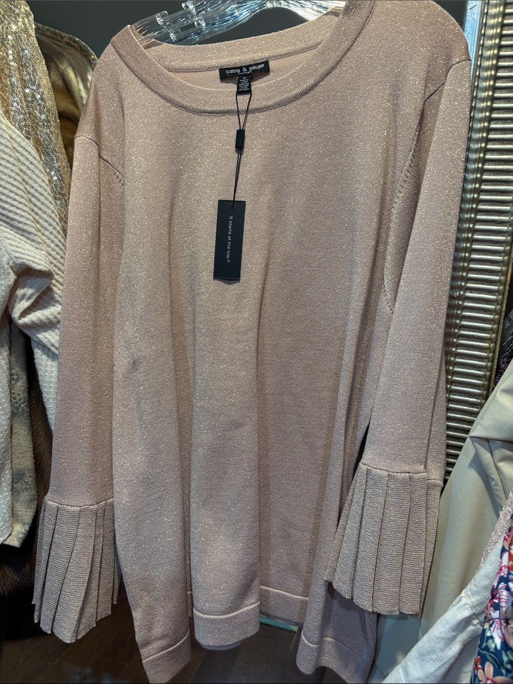Cable & Gauge Metallic Blush Pleated-Cuff Crewneck Sweater